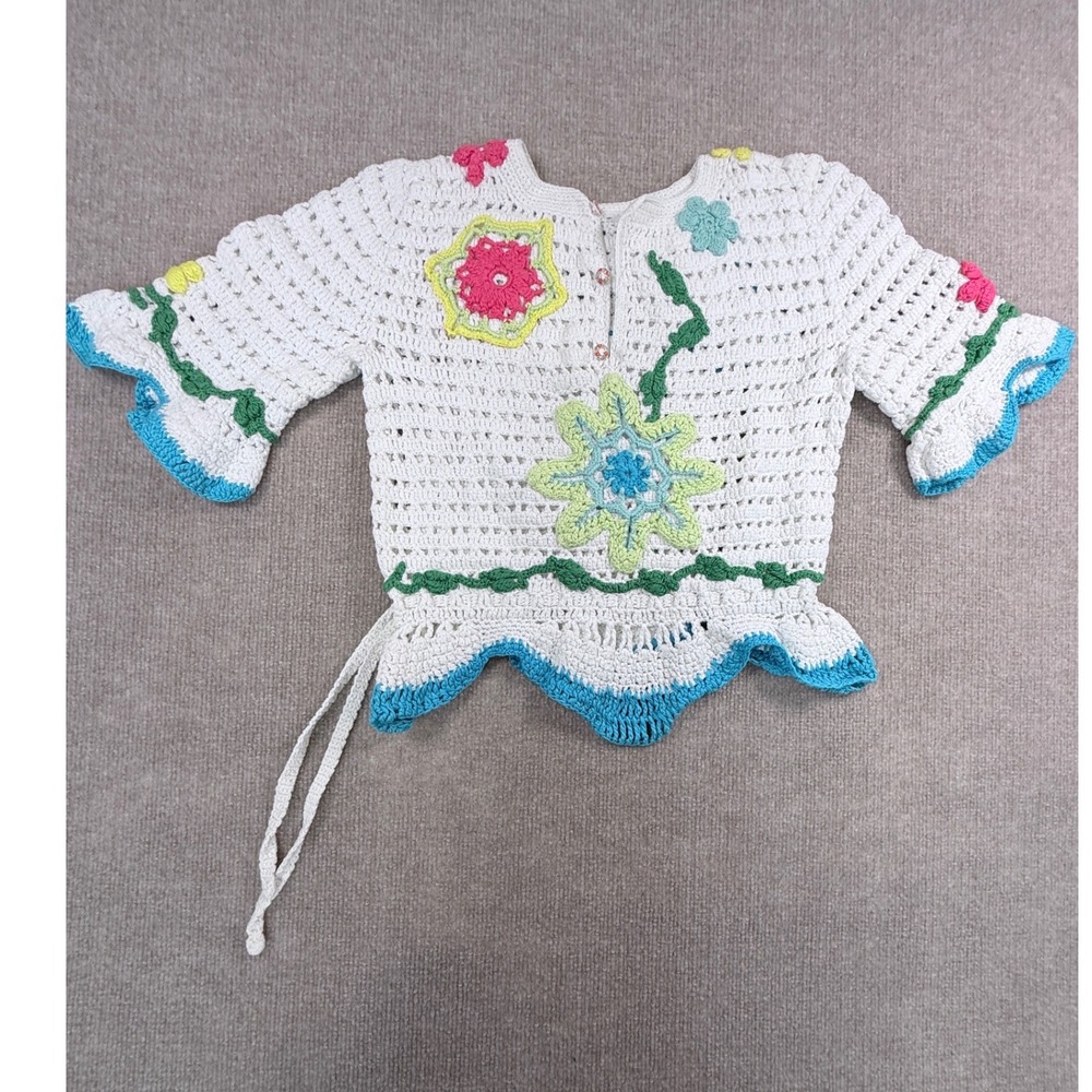 Handmade Crochet Floral Applique Top White Blue Pink Bell Sleeve Boho Festival